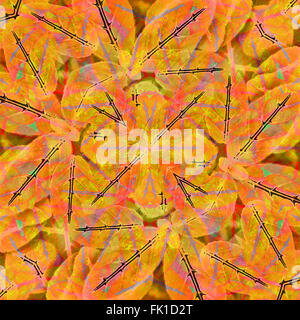 Collage digitale tecnica di decorazione floreale stilizzato motivo geometrico design in colori caldi e i bordi neri Foto Stock