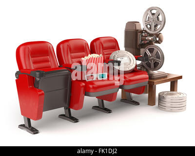 Cinema, film o video home concept. Sedili con bobine, popcorm e proiettore isolato su bianco. 3d Foto Stock