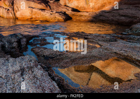 A Ploumanach gli enormi massi di granito da mare sono illuminate con luce calda del pomeriggio Foto Stock