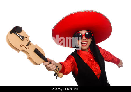 Donna messicana con violino isolato su bianco Foto Stock