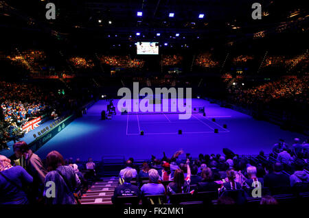 Barclaycard Arena, Birmingham, Regno Unito. 06 Mar, 2016. Davis Cup Tennis World Group Primo Round. Gran Bretagna contro il Giappone. Una vista generale della Barclaycard Arena, Birmingham prima dell'inizio dei giochi di oggi. Credito: Azione Sport Plus/Alamy Live News Foto Stock