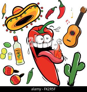 Collezione messicana di peperoncino Mariachi. Set da festa per cinco de mayo con cartoni animati caldi. Illustrazione vettoriale Illustrazione Vettoriale