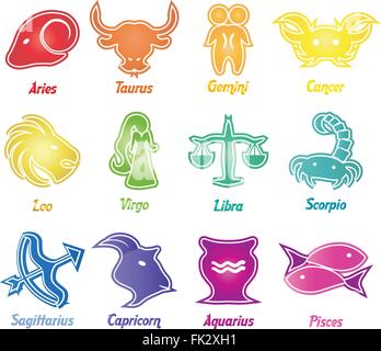 Set di astrologica simboli dello zodiaco. Oroscopo segni, moderno design colorato Illustrazione Vettoriale