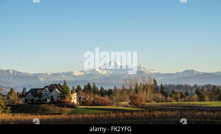 Vista del vulcano inattivo Mount Baker nello Stato di Washington dal Fraser Valley in British Columbia, Canada Foto Stock