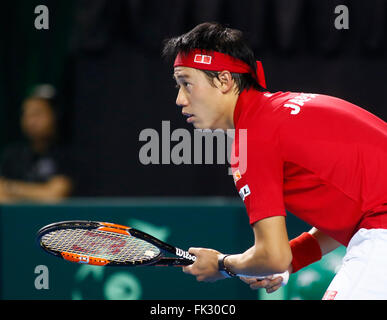 Barclaycard Arena, Birmingham, Regno Unito. 06 Mar, 2016. Davis Cup Tennis World Group Primo Round. Gran Bretagna contro il Giappone. Kei Nishikori durante la sua partita contro Andy Murray. Credito: Azione Sport Plus/Alamy Live News Foto Stock