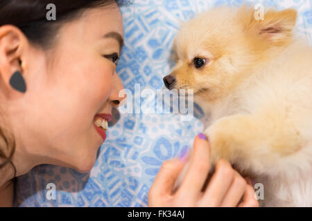 Ragazza asiatica e la sua cute cane fissando in ogni altro gli occhi, profondità di campo, concentrarsi sulla ragazza's eye Foto Stock