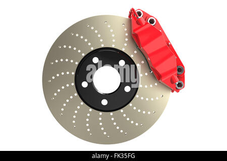 Disco del freno e pinza rossa da una vettura da corsa isolati su sfondo bianco Foto Stock