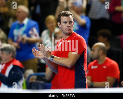 Barclaycard Arena, Birmingham, Regno Unito. 06 Mar, 2016. Davis Cup Tennis World Group Primo Round. Gran Bretagna contro il Giappone. GB team capitano Leon Smith. Credito: Azione Sport Plus/Alamy Live News Foto Stock