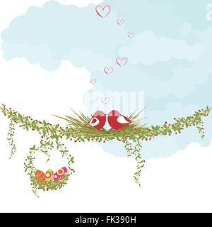 Primavera vacanze di Pasqua wallpaper lovebird colorfu e uova di Pasqua Illustrazione Vettoriale