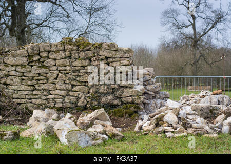 Asciugare la parete di pietra che viene riparato. Una parete tradizionale in fase di riparazione su terreni agricoli in Somerset, Inghilterra, Regno Unito Foto Stock