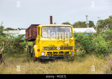 Incolto, arrugginimento giallo Leyland ribaltabile in Ogg Spencer scrapyard autotrasporti, Liberta, sud Antigua Antigua e Barbuda Foto Stock