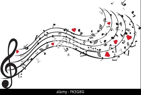 Illustrazione vettoriale delle note musicali sfondo con cuori Illustrazione Vettoriale