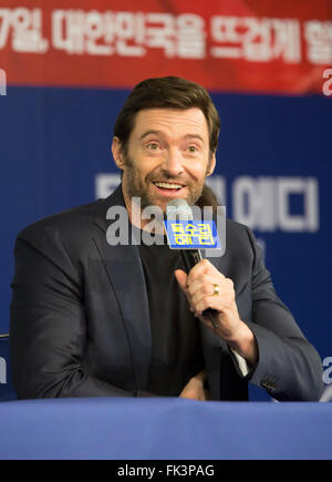 Seoul, Corea del Sud. Il 7 marzo 2016. Hugh Jackman, Mar 7, 2016 : attore Hugh Jackman partecipa a una conferenza stampa per promuovere il suo filmato,'Eddie l'aquila" a Seul, in Corea del Sud. Credito: Lee Jae-Won/AFLO/Alamy Live News Foto Stock