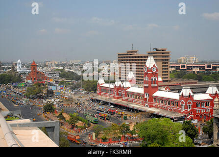 Chennai Central Railway Station Building,Tamil Nadu,Madras Central costruito nel 1873, l'India. Punto di riferimento di Chennai Foto Stock