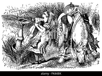 Alice in una foresta con un Cavaliere Bianco a testa in giù accanto a lei, caduto da cavallo. Alice attraverso lo specchio. Foto Stock