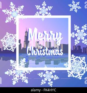 Auguri di Natale carta nel vettore, grossi fiocchi di neve. Buon Natale città innevate. Illustrazione Vettoriale