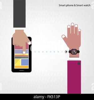 Smart watch e smart phone sullo sfondo con connessione internets segno. Illustrazione Vettoriale Illustrazione Vettoriale