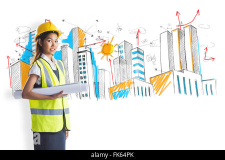 Immagine composita di architetto donna con casco giallo e piani Foto Stock