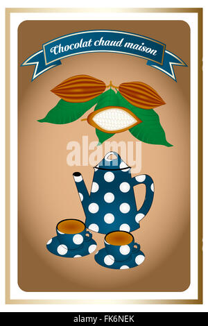 Francese cioccolato retrò poster - illustrazione dettagliata di cacao frutti e foglie, tazze e pot e la denominazione francese di casa a caldo Foto Stock