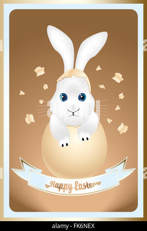 Felice Pasqua card con cute bunny in gusci di uova rotte e slogan Felice Pasqua su luce-banner blu Foto Stock