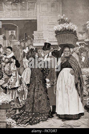 Una scena nel mercato di Covent Garden di Londra, Inghilterra nel tardo XIX secolo. Foto Stock