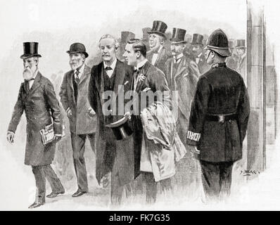 Il primo ministro Balfour lasciando la Camera dei Comuni di Londra, Inghilterra. Arthur James Balfour, 1° Conte di Balfour, 1848 - 1930. British politico conservatore e del Primo Ministro del Regno Unito. Foto Stock