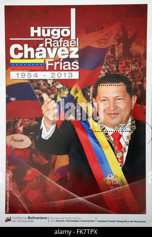 Repubblica bolivariana del Venezuela - circa 2014: un timbro stampato in Venezuela mostra Hugo Rafael Chavez (1954-2013) Foto Stock