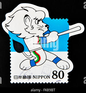 Giappone - circa 1999: un timbro stampato in Giappone mostra il simbolo del Seibu Lions baseball, circa 1999 Foto Stock