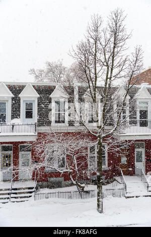 Montreal, CA, 7 marzo 2016. Tradizionale casa di Montreal durante la tempesta di neve. Foto Stock