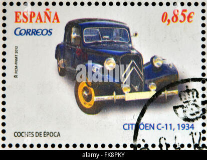 Spagna - circa 2012: francobolli stampati in Spagna dedicata al classic car, mostra citroen c-11, 1934, circa 2012 Foto Stock