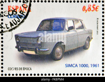 Spagna - circa 2012: francobolli stampati in Spagna dedicata al classic car, mostra SIMCA 1000, 1961, circa 2012 Foto Stock