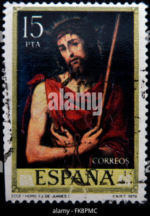 Spagna - circa 1979: un timbro stampato in Spagna mostra Ecce Homo, dipinto da Juan de Juanes, circa 1979 Foto Stock