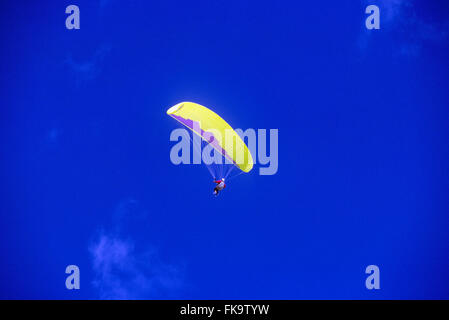 L'uomo parapendio in colorate marcia superiore a Jackson Hole; Wyoming; USA Foto Stock