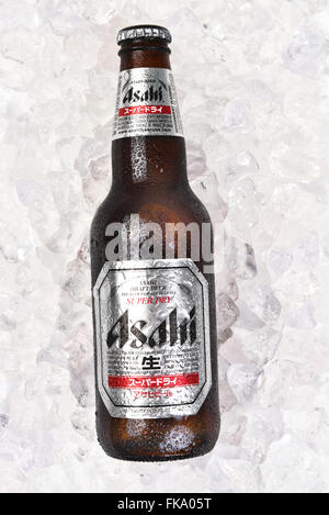 Asahi bottiglia di birra su un letto di ghiaccio. Primo piano della etichetta in formato verticale. Foto Stock