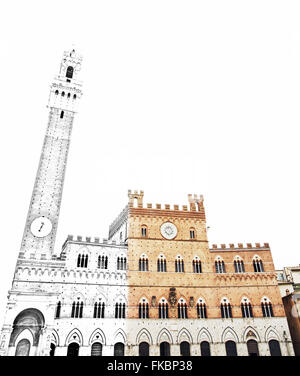 Dal bozzetto al Palazzo Pubblico - town hall. Palazzo di Siena, Toscana, Italia centrale. Destinazione di viaggio. Illustrazione. Foto Stock