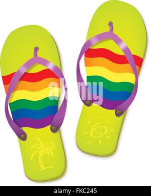 Dettagliata illustrazione vettoriale di flip flop con bandiera arcobaleno e vacanze estive simboli Illustrazione Vettoriale