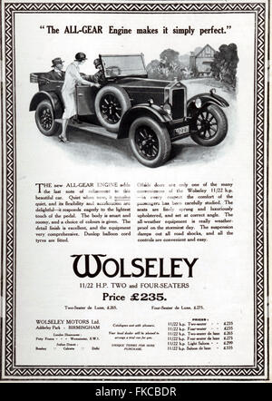 1920S UK Wolseley Magazine annuncio pubblicitario Foto Stock