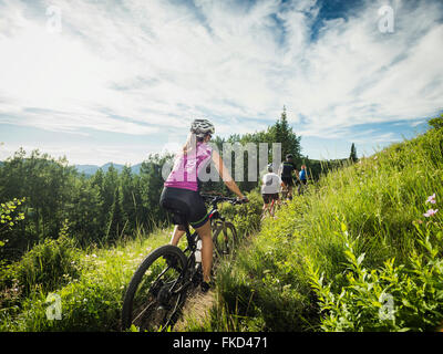 Famiglia con bambini ( 10-11, 12-13) ciclismo in montagna Foto Stock