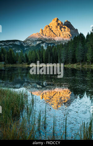 Le Tre Cime di Lavaredo riflesso nel Lago di Misurina, montagne dolomitiche, Provincia di Belluno, Veneto, Italia Foto Stock