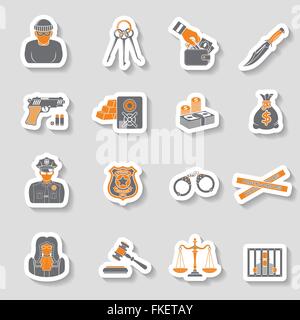 Delitto e castigo icone di adesivi Illustrazione Vettoriale