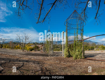 Decorativo cancello di ferro e colonne con vigneto aperto per i visitatori Foto Stock