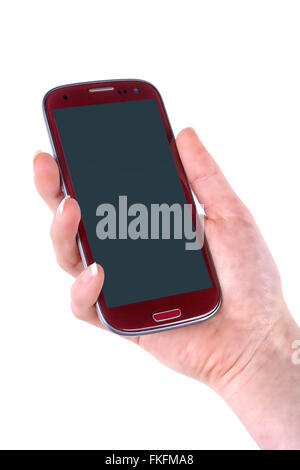 Red mobile in mano donna isolato su sfondo bianco Foto Stock
