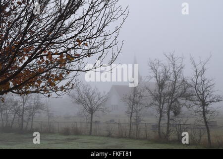 Vecchio Texas chiesa e cimitero in una mattinata nebbiosa. Foto Stock