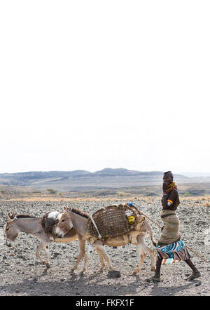 Un Turkana donna con i suoi asini. Turkana donne camminare a lunga distanza in modo da poter raccogliere il legno. Foto Stock