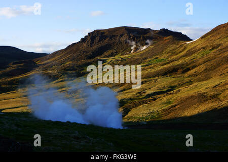 Primavera calda e fumante, Hengill montagne, Hveragerdi, SW Islanda Foto Stock