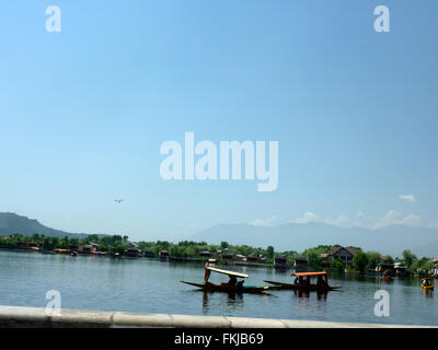 Shikara ride in Dal lago, Srinagar Kashmir, con vista distante della casa di barche, i giardini galleggianti e Shankeracharya hill Foto Stock