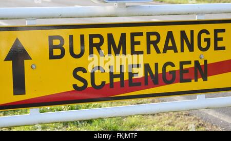 Segno della città di Schengen, Marzo 7, 2016. Foto Stock