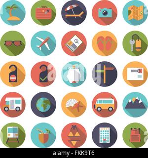 Collezione di design piatto viaggi e vacanze icone vettoriali in cerchi Illustrazione Vettoriale