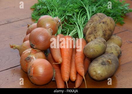 Raccolto di fresco patate organico, le carote e le cipolle su un sfondo di legno Foto Stock