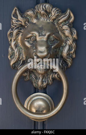 Un oro Lions Head knocker porta su una porta di una casa residenziale. Foto Stock